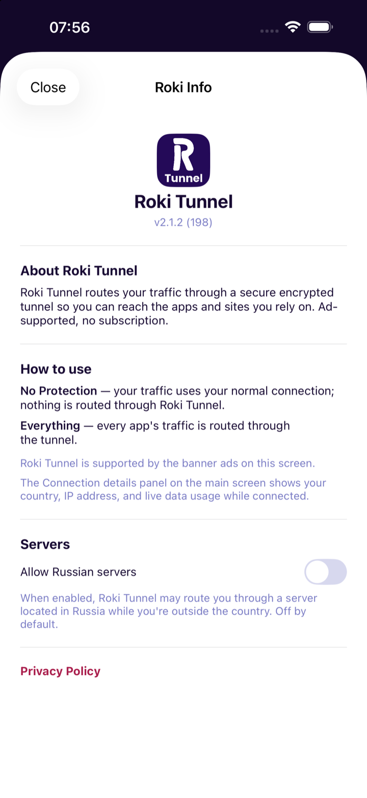 Roki Tunnel info screen explaining the connection modes
